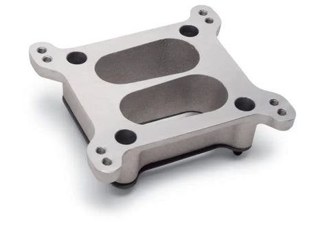 Aluminum carburetor spacer for Edelbrock carb adapter connecting Rochester 4 Jet to squarebore flange