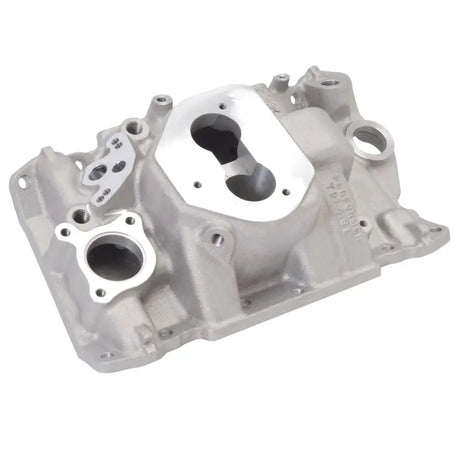 Silver cast aluminum Edelbrock Performer TBI manifold for 4.3 V-6 engines
