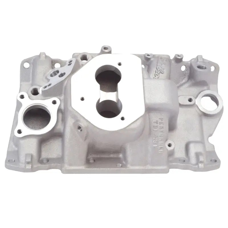 Silver aluminum intake manifold for Edelbrock Performer TBI engine upgrade