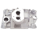 Silver aluminum intake manifold for Edelbrock Performer TBI engine upgrade