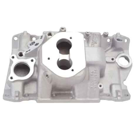 Silver aluminum intake manifold for Edelbrock Performer TBI engine upgrade