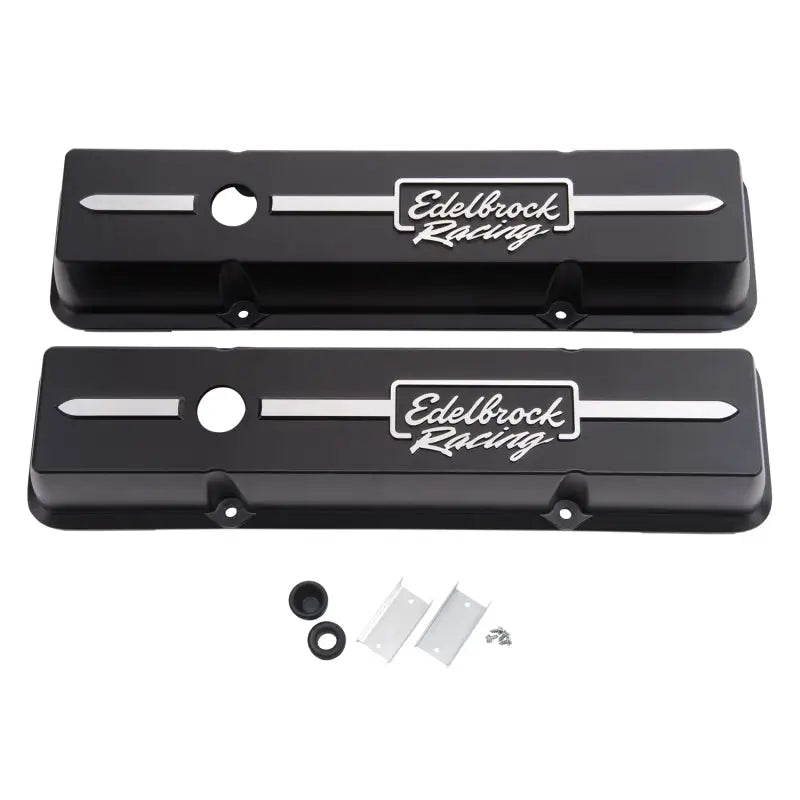 Black Edelbrock valve cover from the valve cover racing series for Chevrolet V8 engines