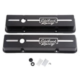 Black Edelbrock valve cover from the valve cover racing series for Chevrolet V8 engines