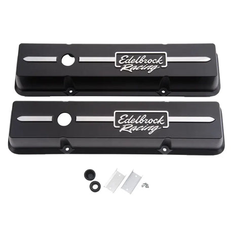 Black Edelbrock valve cover from the valve cover racing series for Chevrolet V8 engines