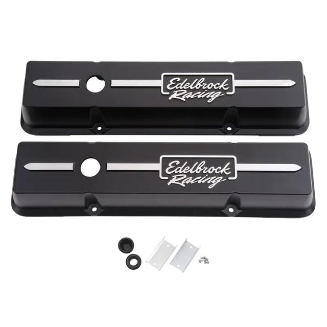 Black Edelbrock valve cover from the valve cover racing series for Chevrolet V8 engines