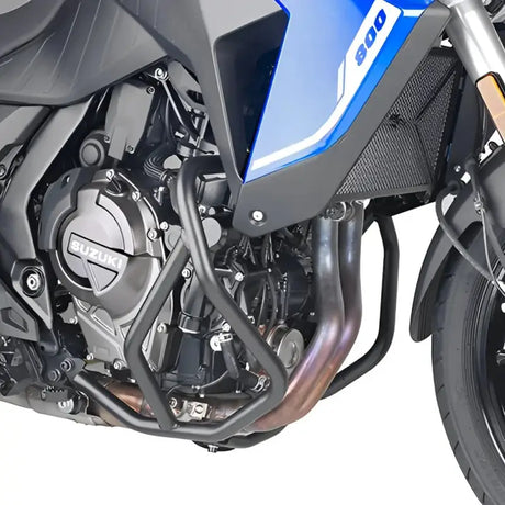 Black engine guard crash bars on a blue Suzuki motorcycle, perfect for rv parts & accessories