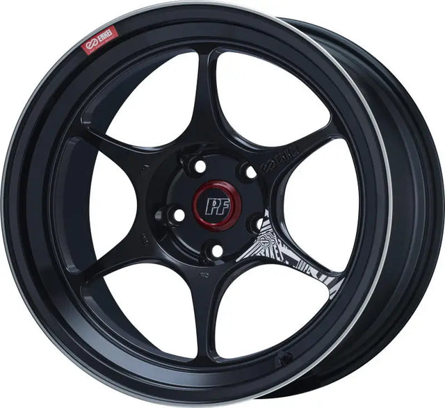 Black six-spoke Enkei PF06 car wheel with 45mm offset and 75mm bore