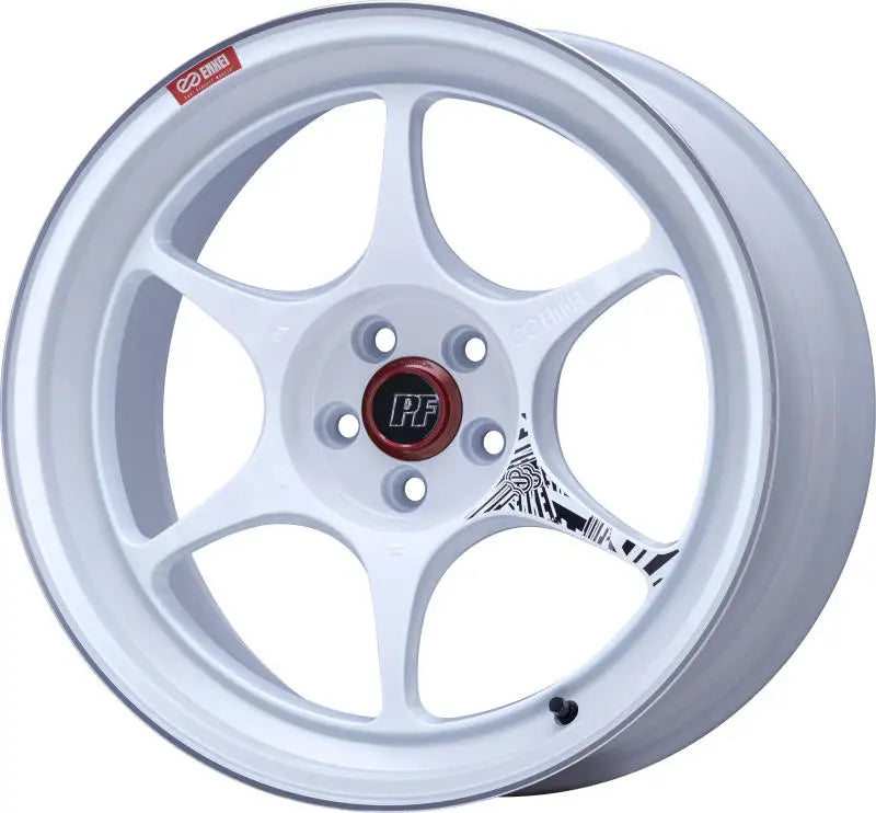White Machined Enkei PF06 18x9.5 wheel with 427mm offset and 75mm bore