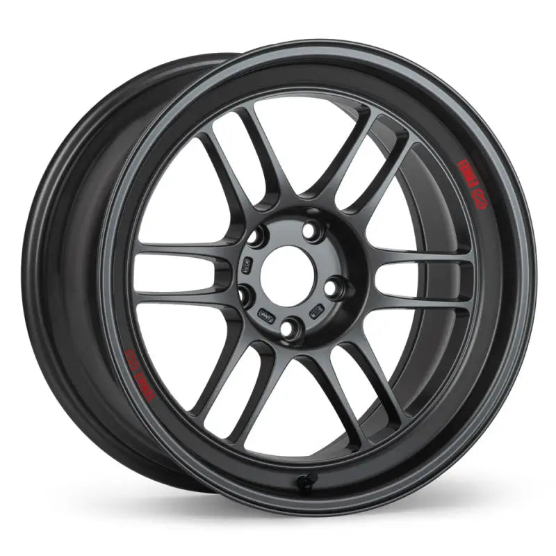 Dark gray Enkei RPF1RS 18x10.5 matte gunmetal wheel with ten spokes
