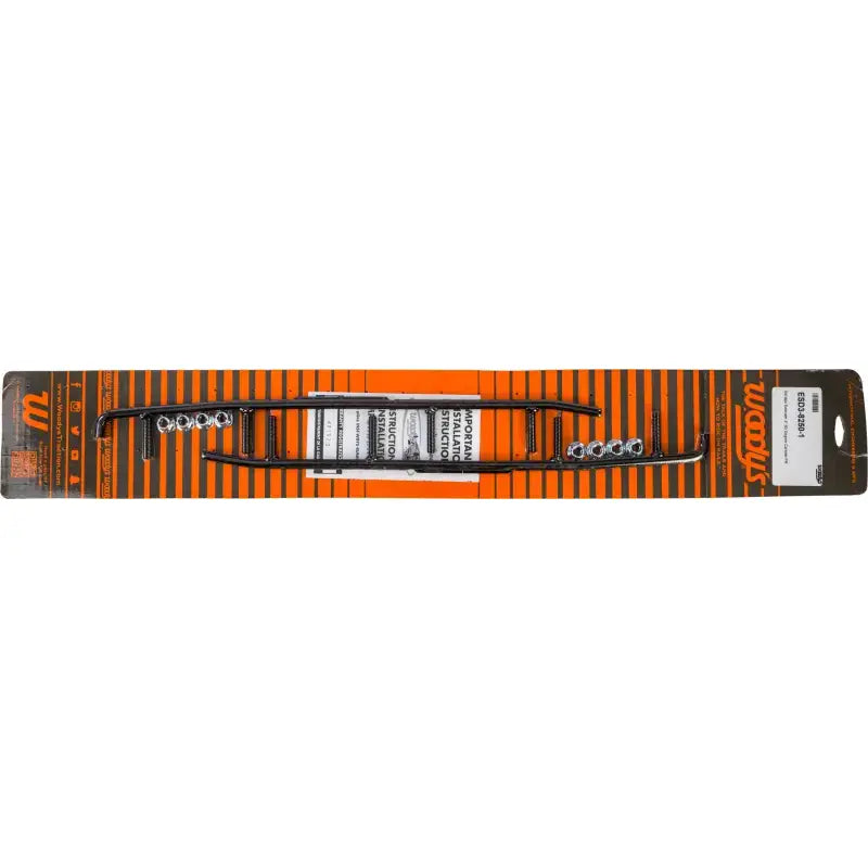 Black metal ice skate blade runners with mounting hardware on orange and black package for ESD3-8250 carbide ski doo
