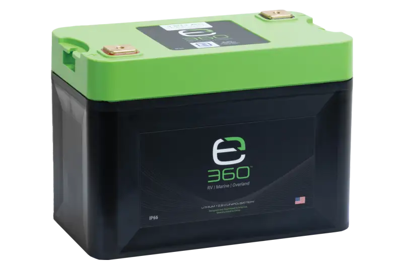 Black and green lithium lifepo4 battery for RV marine or overland use, 120amp lithium power