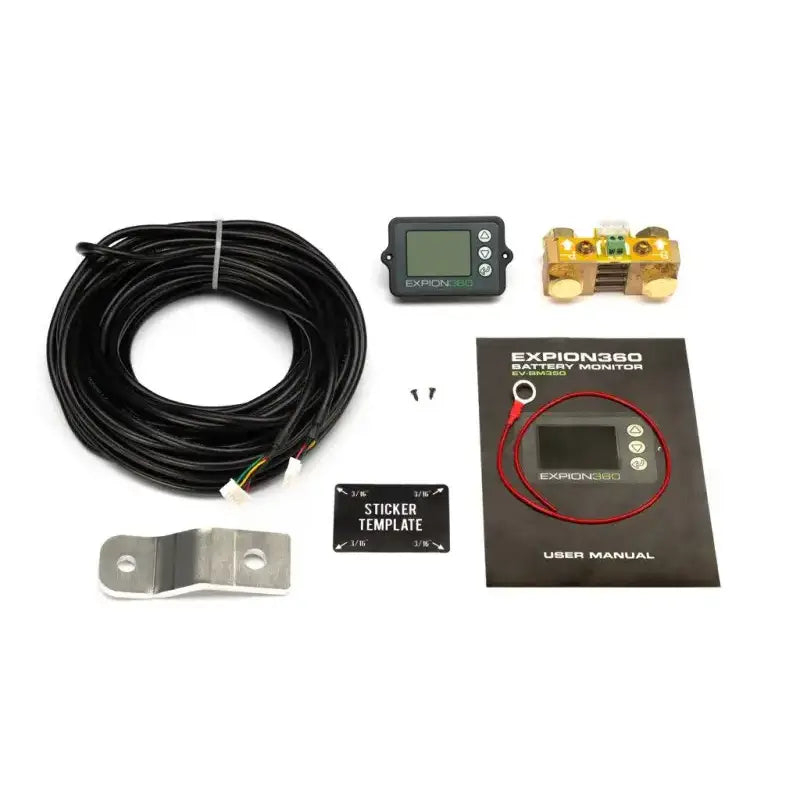EX-BM350-KT Expion 360 Battery Monitor with 500A Shunt, cable, monitor, shunt, user manual, and mounting accessories laid out.