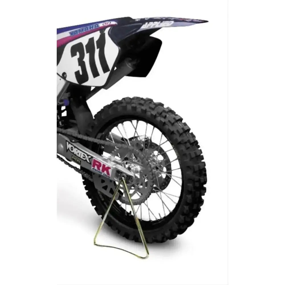 Dirt bike rear wheel on Excel ProSeries MC Triangle Stand for easy maintenance