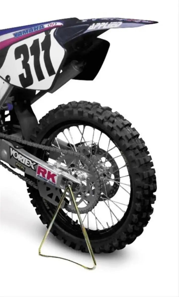 Dirt bike rear wheel on Excel ProSeries MC Triangle Stand for easy maintenance