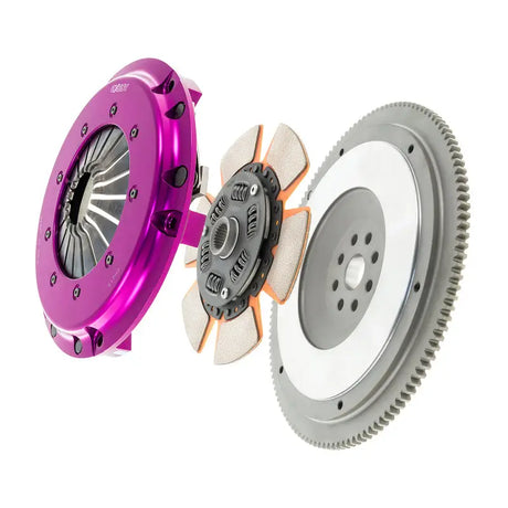 Exedy 2004-2014 Subaru Impreza WRX STI H4 Hyper Single Clutch Sprung Center Disc Pull Type displaying purple anodized forged aluminum cover, 6-puck cerametallic disc, and chromoly steel flywheel.