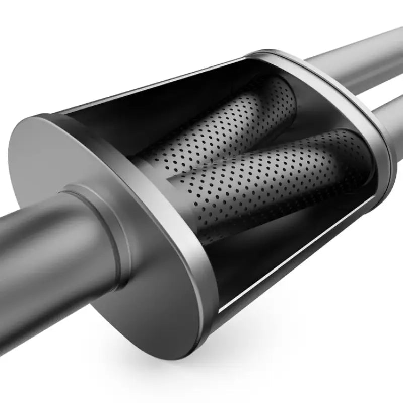 Cutaway view of a stainless steel exhaust system kit with dual split rear exit and muffler