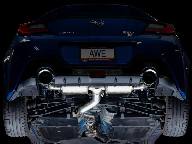 Stainless steel exhaust system kit with dual outlet, rear exit, and 5-inch chrome silver tips installed on a blue Subaru BRZ.