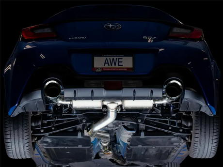 Stainless steel exhaust system kit with dual outlet, rear exit, and 5-inch chrome silver tips installed on a blue Subaru BRZ.