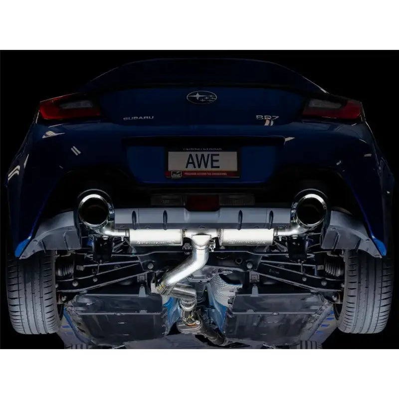 Stainless steel exhaust system kit with dual outlet, rear exit, and 5-inch chrome silver tips installed on a blue Subaru BRZ.