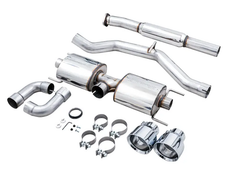 Exhaust System Kit Stainless Steel, Without Muffler, Single Exhaust with Dual Outlet, Rear Exit, 5 Inch Chrome Silver Tips, AWE Logo, Double-Walled, CNC Mandrel-Bent T304L Stainless Steel, Direct Bolt-On, Touring Edition.