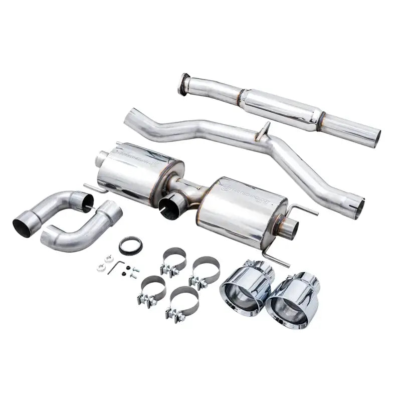 Exhaust System Kit Stainless Steel, Without Muffler, Single Exhaust with Dual Outlet, Rear Exit, 5 Inch Chrome Silver Tips, AWE Logo, Double-Walled, CNC Mandrel-Bent T304L Stainless Steel, Direct Bolt-On, Touring Edition.
