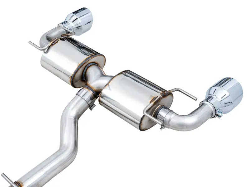 Stainless steel exhaust system kit with dual outlet, rear exit, 5-inch chrome silver tips, without muffler.