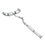 Exhaust system kit stainless steel without muffler, single exhaust with dual outlet, rear exit, 5 inch chrome silver tips by AWE.