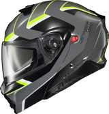 Gray and black transformer helmet with neon yellow accents featuring advanced polycarbonate shell
