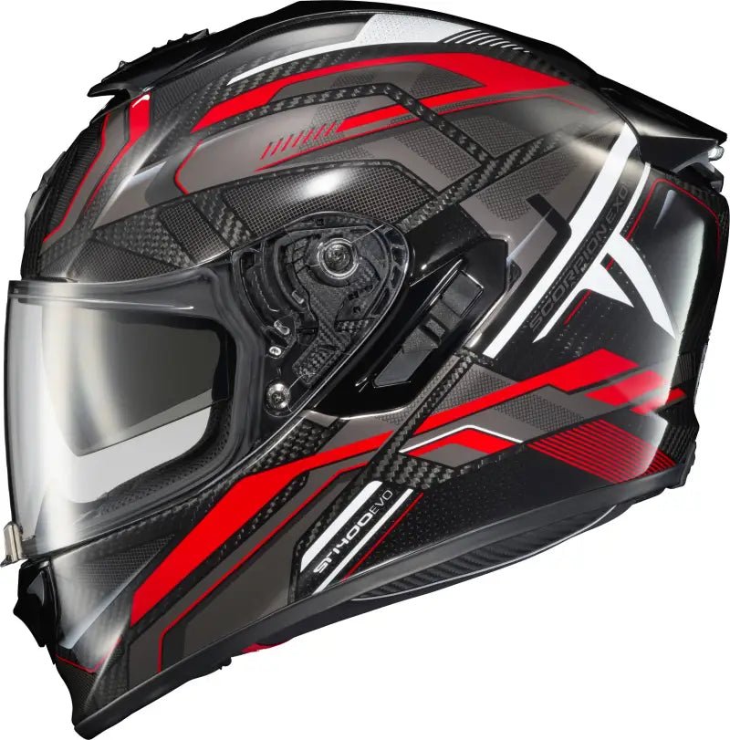 Red, white, gray Exo St1400 Evo Carbon Helmet with sun visor and Everclear no-fog