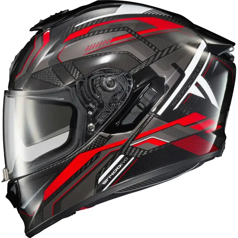 Red, white, gray Exo St1400 Evo Carbon Helmet with sun visor and Everclear no-fog