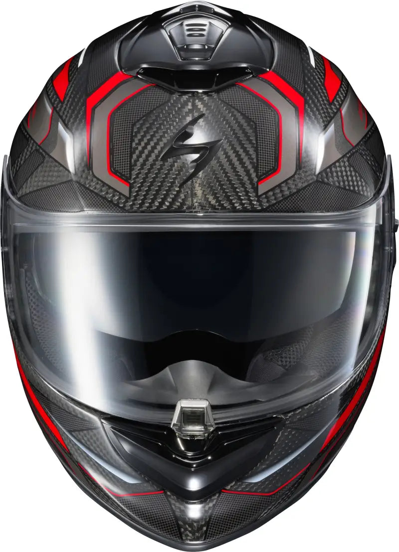 Carbon fiber Exo-St1400 Evo helmet with sun visor, red accents, and Everclear no-fog coating