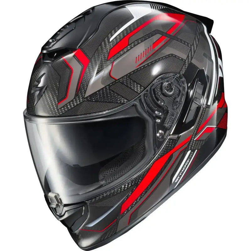 Black and red Exo St1400 Evo Carbon Helmet with sun visor and Everclear no-fog tech
