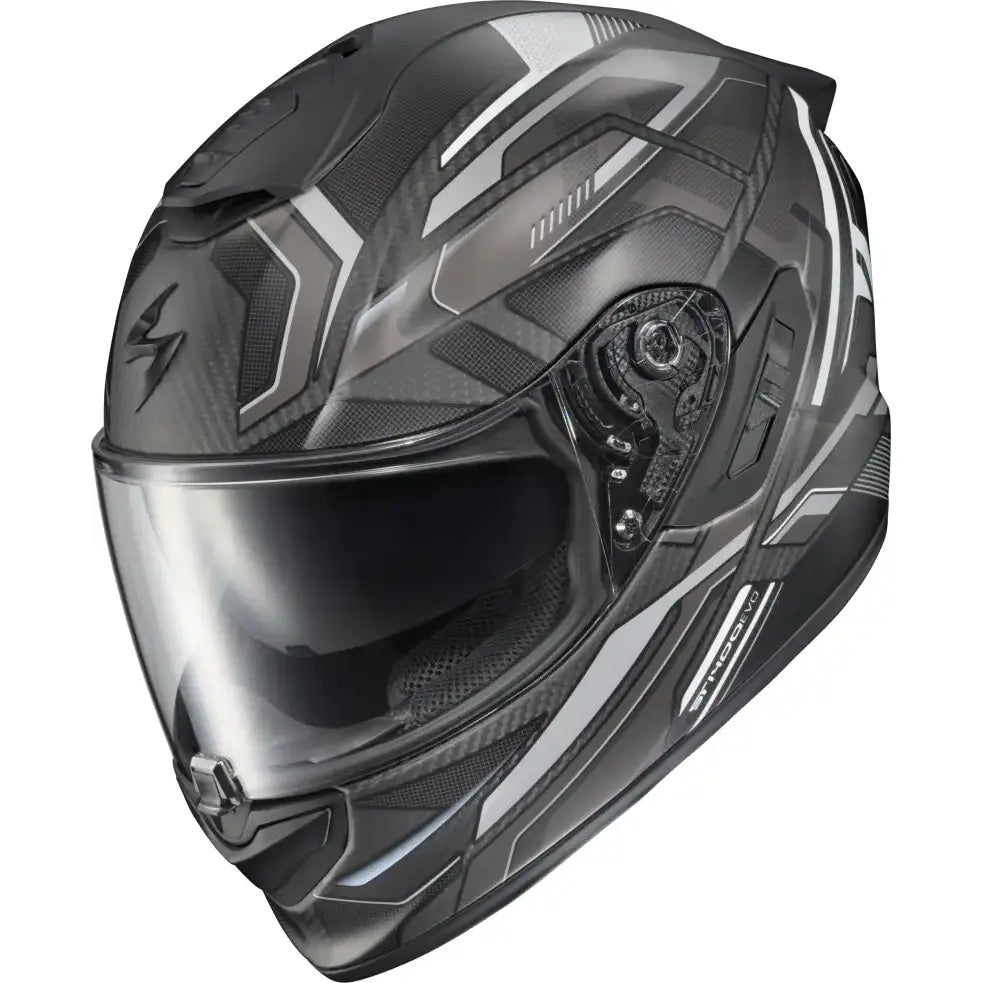 Black and gray Exo St1400 Evo Carbon Helmet with sun visor and EverClear no-fog tech