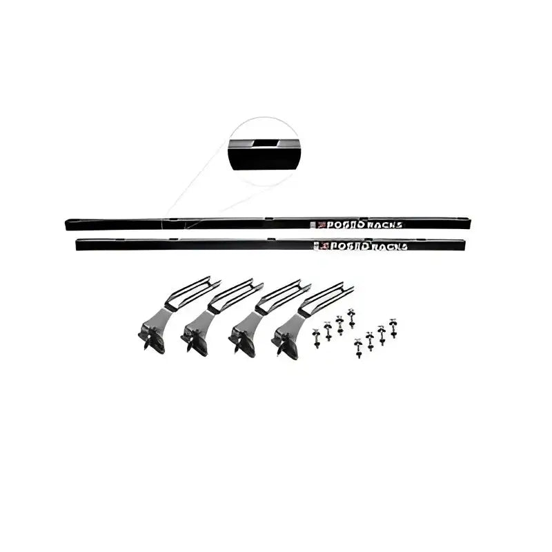 Black exposed roof rack kit with silver hardware and screws for easy install