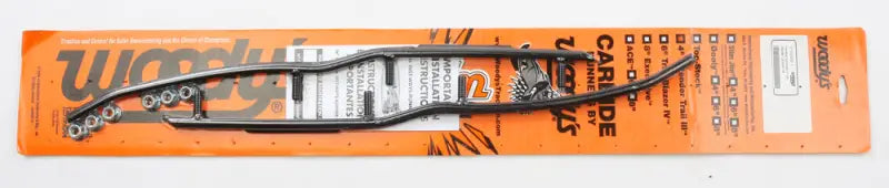 Black metal snowmobile wear bar with holes, packaged on orange and white card for EYV3-5500 carbide runners Yamaha