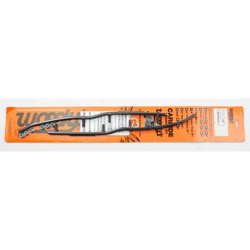 Black metal snowmobile wear bar with holes, packaged on orange and white card for EYV3-5500 carbide runners Yamaha