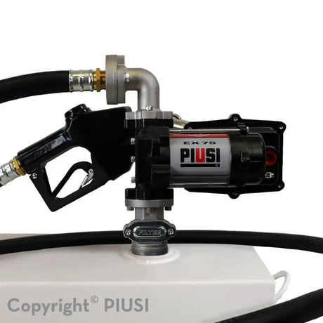 Black and silver Piusi Ex75 12V fuel pump with nozzle and hose for liquid dispensing