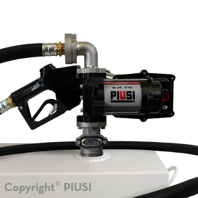 Black and silver Piusi Ex75 12V fuel pump with nozzle and hose for liquid dispensing