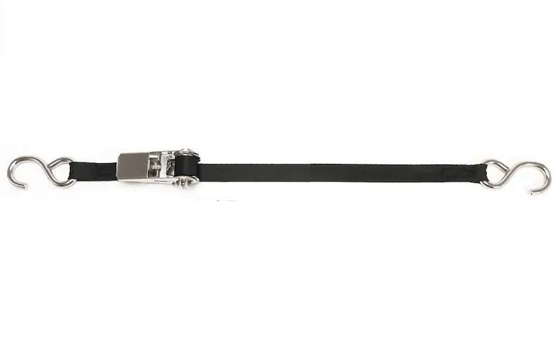 Black tie-down strap with metal hooks and stainless steel ratchet for secure cargo securing