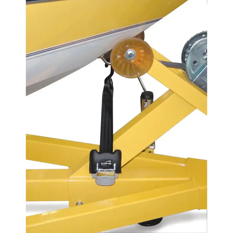 F14220 Immi Retractable Bow Tie-Down securing a boat on a yellow trailer