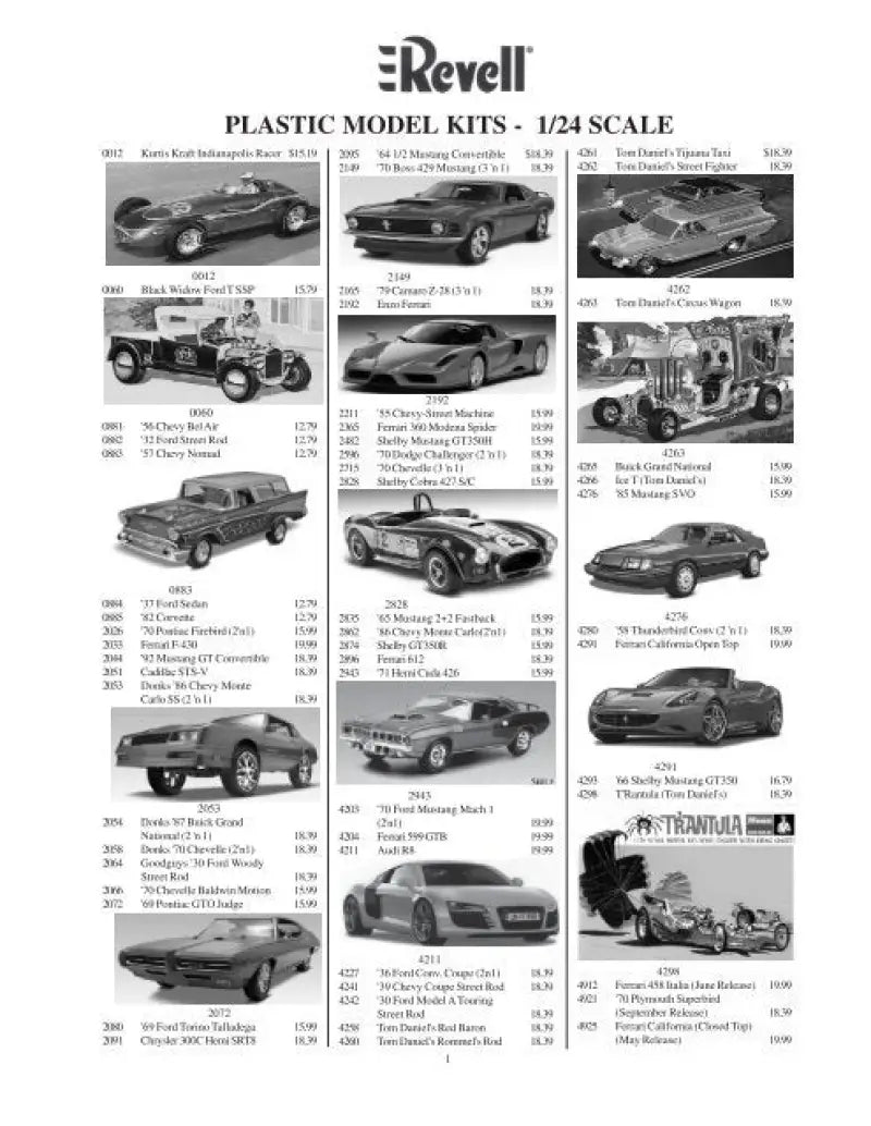 A catalog page of Revell plastic model kits in 1/24 scale featuring various cars and trucks.