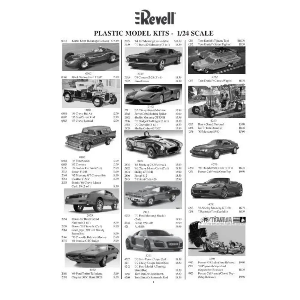 A catalog page of Revell plastic model kits in 1/24 scale featuring various cars and trucks.