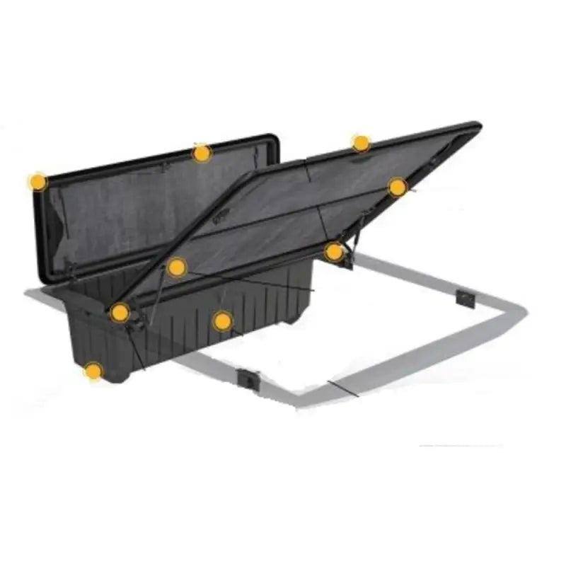 Black plastic truck tool box with open lid for F165010 Stowe Cargo F150 Bed Kit