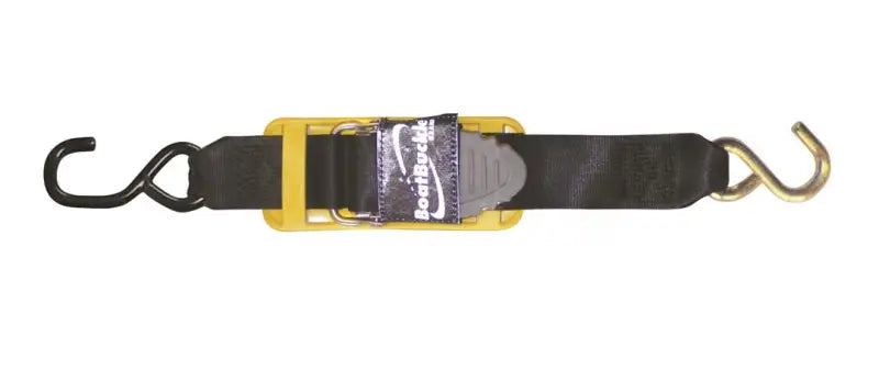 Black tie-down strap with yellow ratchet and metal hooks for Immi Pro Series Transom 2x2