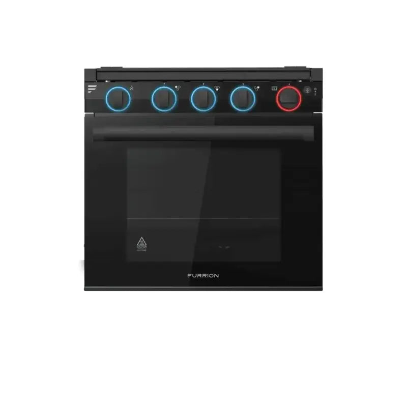 Black Furrion 21-inch gas range with blue-lit knobs for stylish cooking