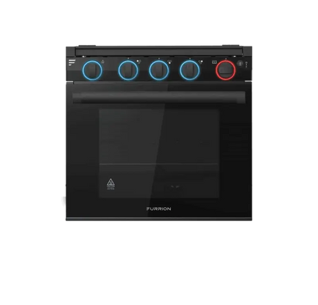 Black Furrion 21-inch gas range with blue-lit knobs for stylish cooking