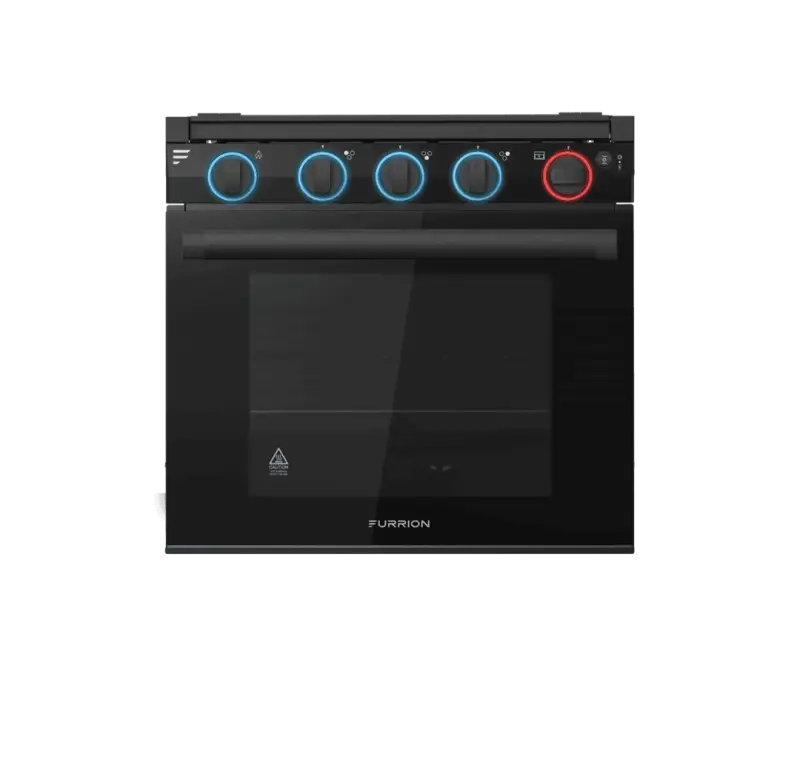 Black Furrion 21-inch gas range with blue-lit knobs for stylish cooking