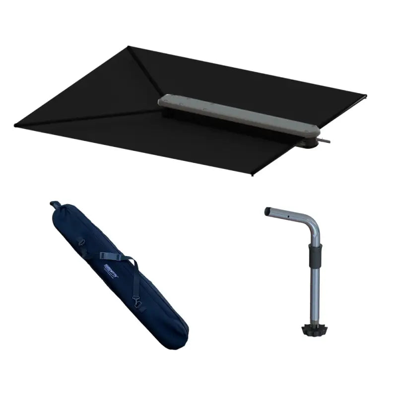 Black rectangular awning with carrying case and support pole.