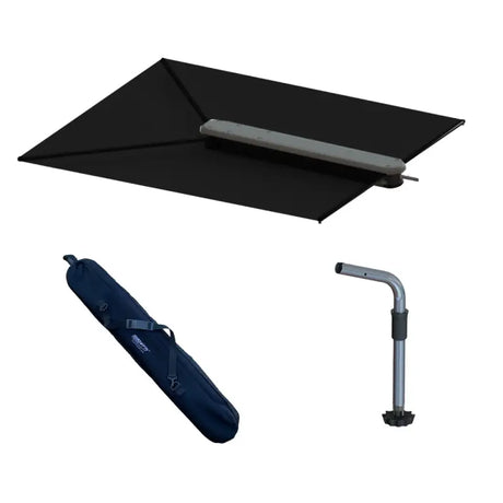 Black rectangular awning with carrying case and support pole.
