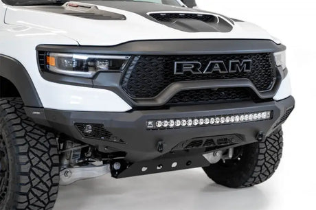 F620153030103 A.Desert Des Stealth Fighter Front Bumper for RAM trucks, featuring a robust black design with integrated LED light bar.